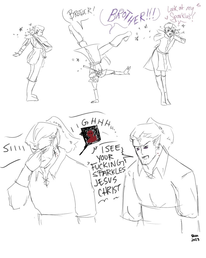 nym is dancing around trailing sparkles from the blood of lethander on his back yelling BROTHER! BROTHER!! LOOK AT MY SPARKLES.

Thoryn, looking exhausted is suffering from bloodlessness after letting Astarion feed on him: sighs and says "i see your fucking sparkles jesus christ"