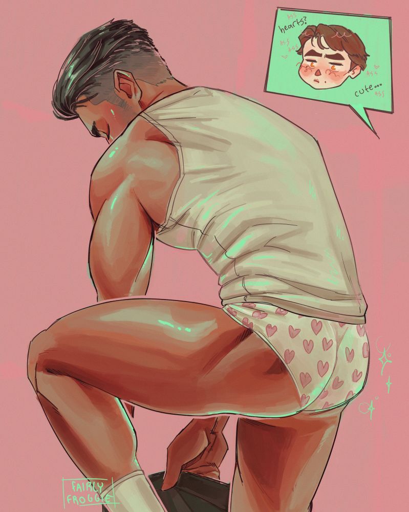 Jayce getting dressed, he’s pulling on his pants and wearing a white tank top and heart-patterned underwear. In a box in the top right of the canvas is a chibi Viktor, blushing and thinking ‘hearts? Cute ….’ 