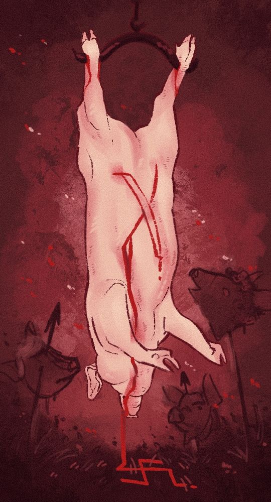 A pig bleeding from an X shaped wound in its stomach, hanging upside down by a hook. Its blood is forming a swastica on the grass. Behind it is three other skewered pig heads. The sky is on fire behind them. 
