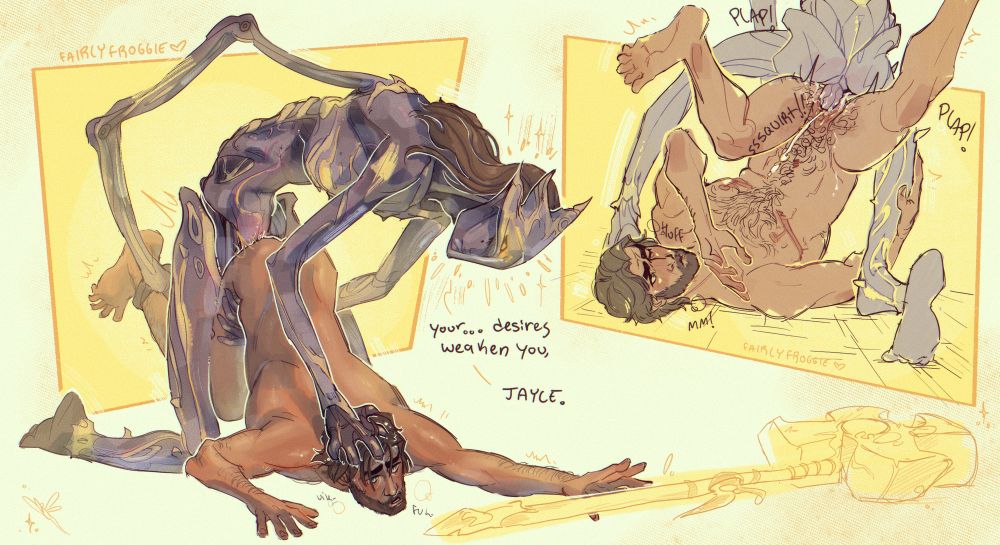 Two drawings on one canvas. Drawing one is Arcane Herald fucking Jayce as he reaches desperately for his hammer. Arcane Herald is saying “Your … desires weaken you, Jayce.”
Drawing two is a better view of Arcane Herald’s hyper tdick fucking Jayce’s pussy- and Jayce unexpectedly pisses on himself. Whoopsie  