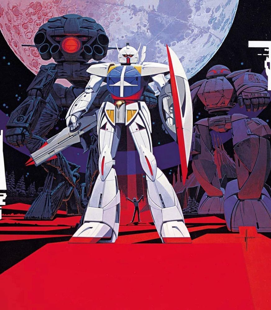 Concept art of the Turn A Gundam, from the anime of the same name, by artist Syd Mead, on a red and black field with two other mobile suits and the Moon in the background.