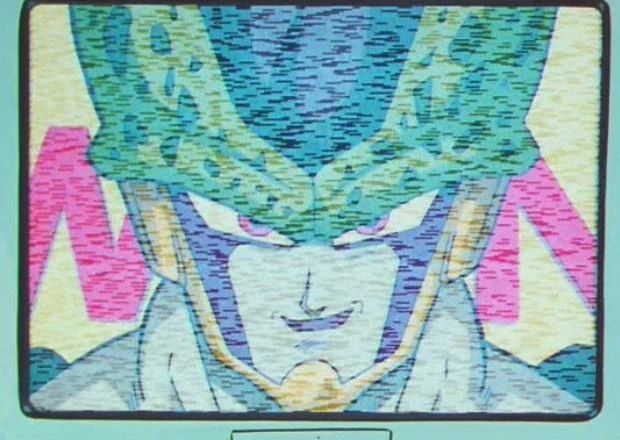 Screenshot from Dragon Ball Z showing Perfect Cell on a television screen announcing the Cell Games