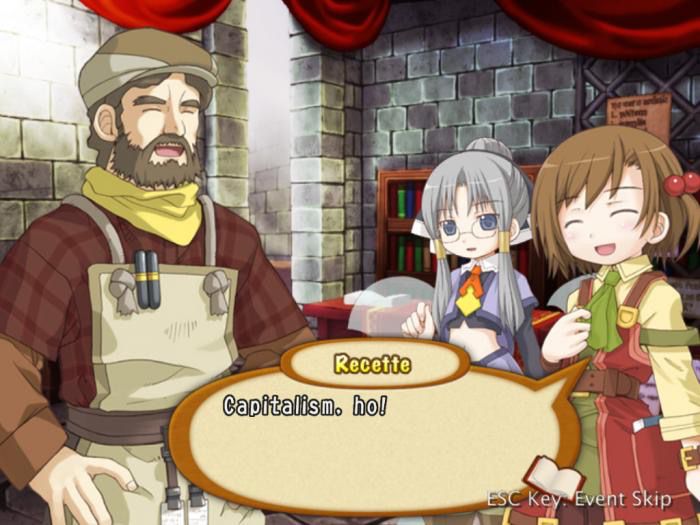 Recettear screenshot, showing a kindly bearded man, a fairy and Recette, a teenage girl, all in anime style and smiling. Recette is saying: “Capitalism, ho!”