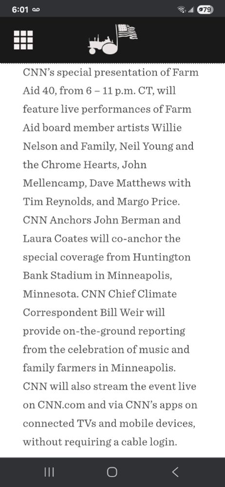 Live CNN coverage of #farmaid starts at 7 pm ET tonight.