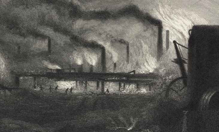 'The Black Country' is a painting by by H. Warren from 1869. It depicts a black-and-white industrial landscape dominated by chimneys that emit black smoke and fires in the background. A few small figures can be seen amidst the smoke.