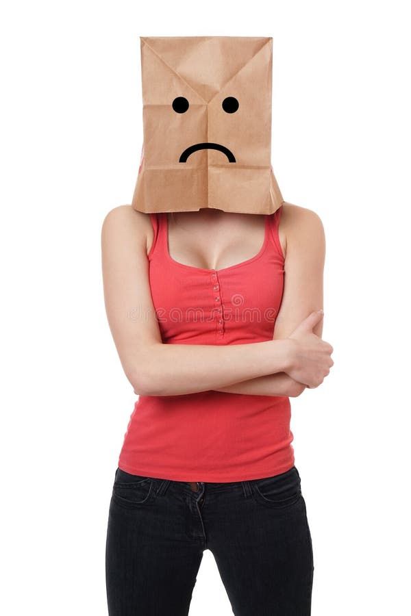 A woman with a brown paper bag over her head.  