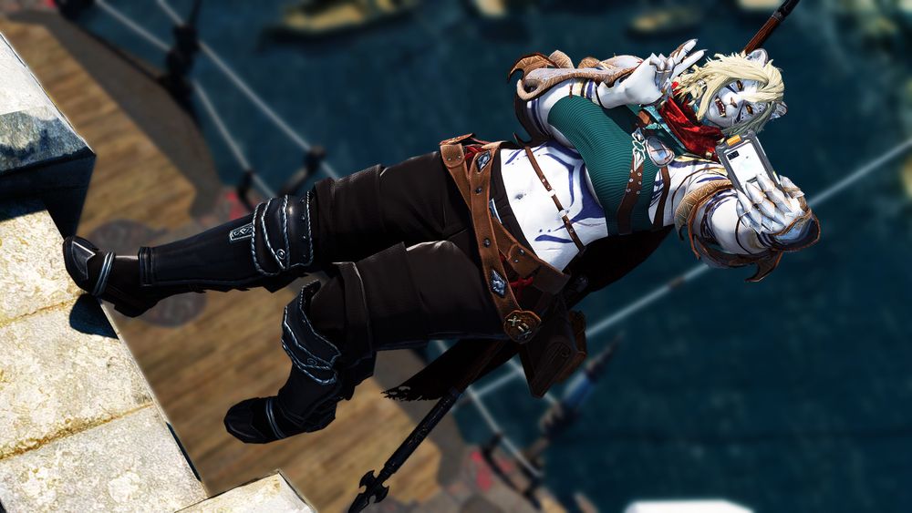 A female hrothgar diving backwards off of the edge of a building while taking a selfie. She's making a peace/victory 'V' sign at the camera device.
