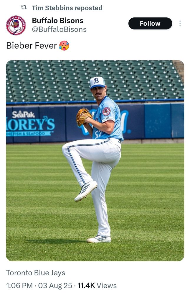 Bieber Fever 🥵

[a picture of Shane Bieber, with mustache 😒, warming up in a powder blue Bisons jersey]

(via twitter/BuffaloBisons as retweeted by Tim Stebbins)