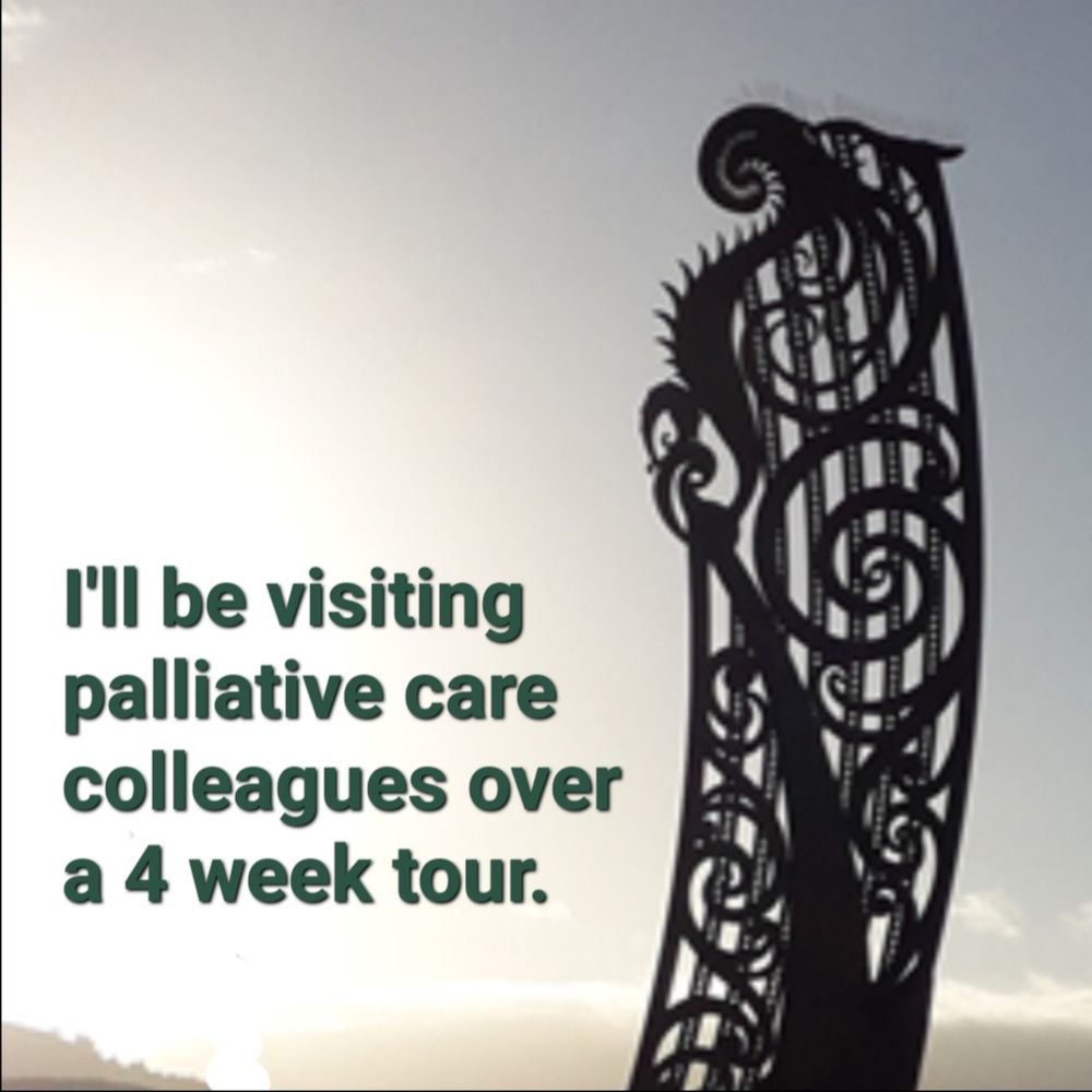 Photo of a metal monument in Nelson, New Zealand, based on Maori unfurling fern symbols.
Writing beside it reads
'I'll be visiting palliative care colleagues over a 4 week tour.'