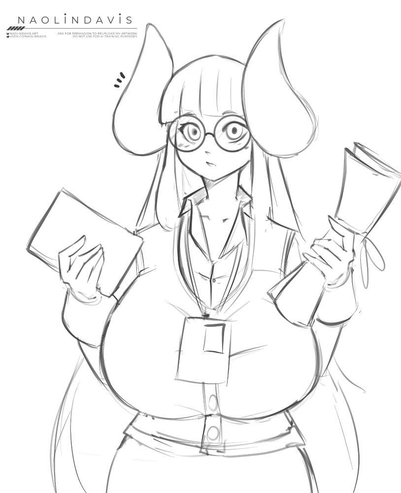 sketch of Jing looking at the viewer while holding a book and a scroll