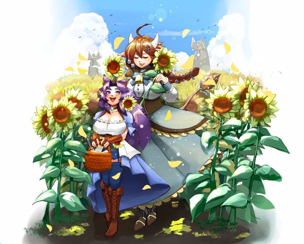 Wrenmoo & ItsNoelleNow (old design) walking through a field of sunflowers. 