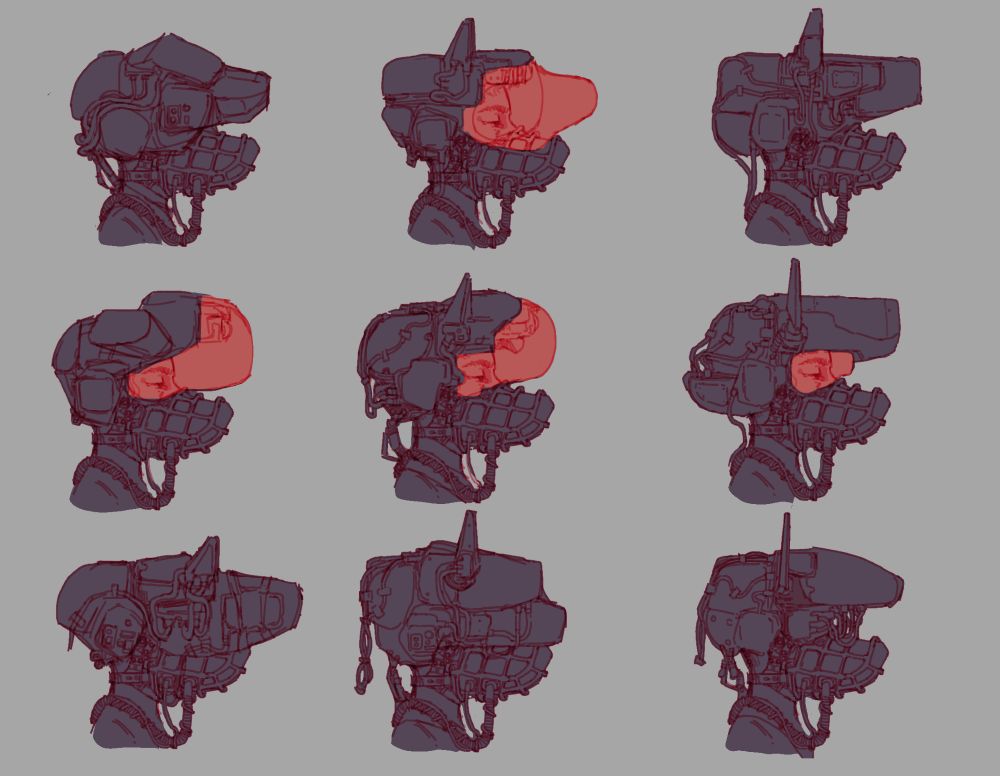 9 sketches of pilot helmets with muzzle/oxygen masks, trying to find the right dog shape for the helmet