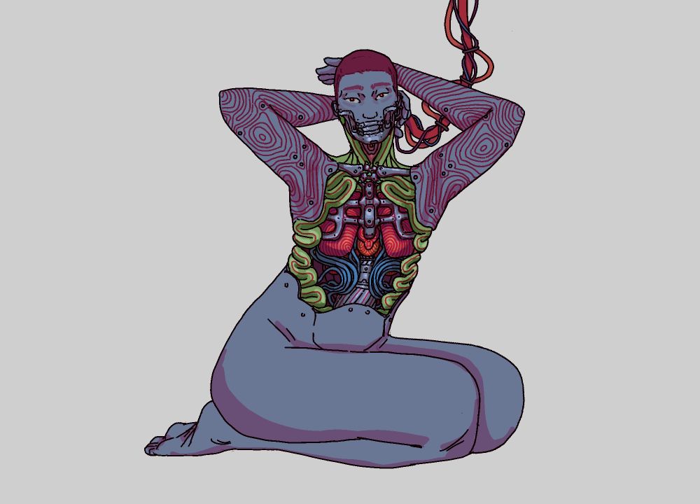 a drawing of an android with its chest cavity open and its internals exposed