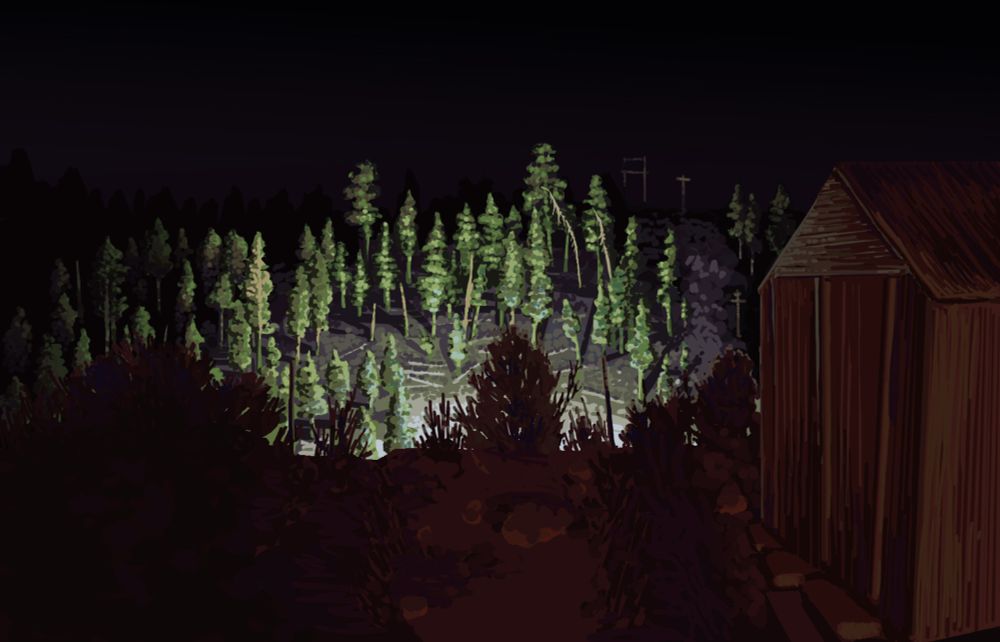 digital painting, the view from the rim of a canyon, the area closer to the viewer is lit dimly by a warm sodium lamp, the opposite side of the canyon is lit by the bright and cool lights of an ice rink