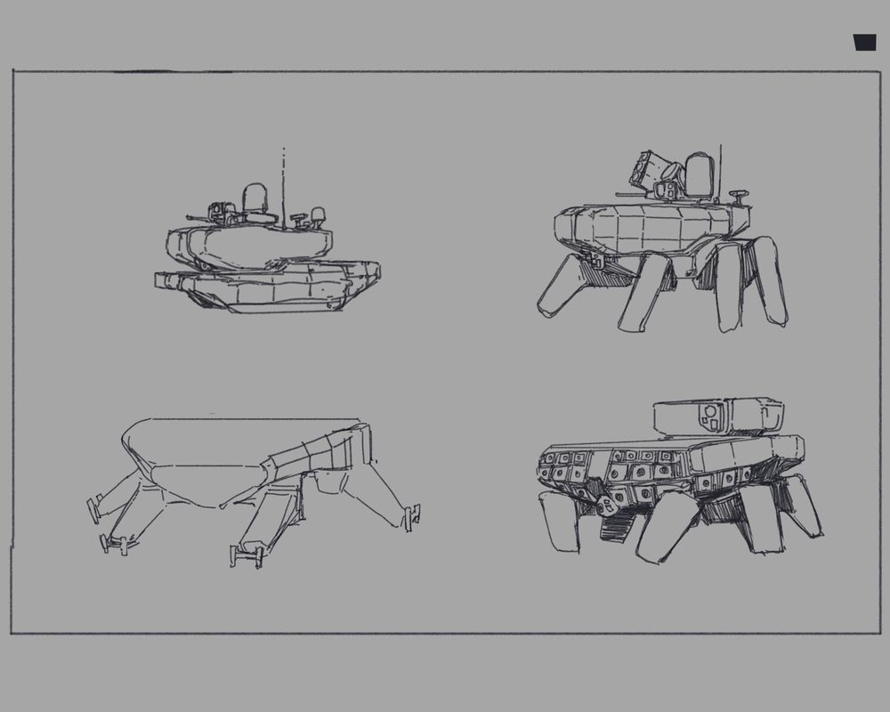 4 digital sketches of sci-fi ifv things, one with regular tank tracks, the rest with legs