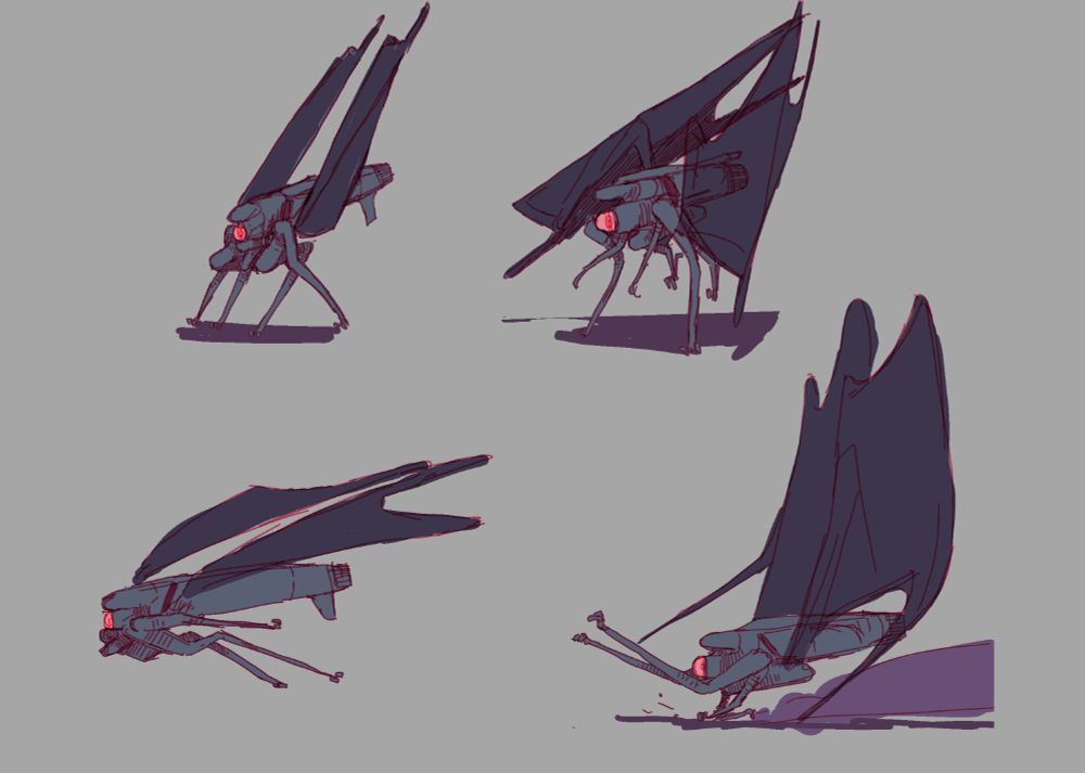 4 digital sketches of mechs with spindly insectoid limbs and singular red eyes