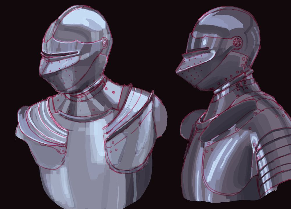 two digital painting studies of a suit of armor with an armet helmet