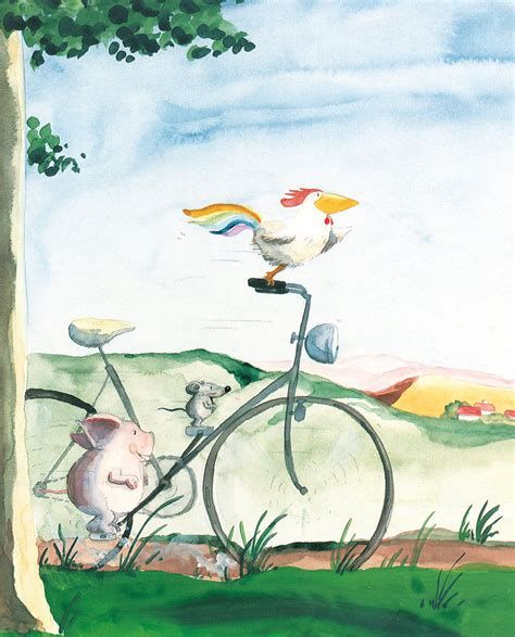 Bild aus Helme Heines "Freunde": Hahn, Maus und Schwein sausen auf dem Fahrrad durch die Landschaft.