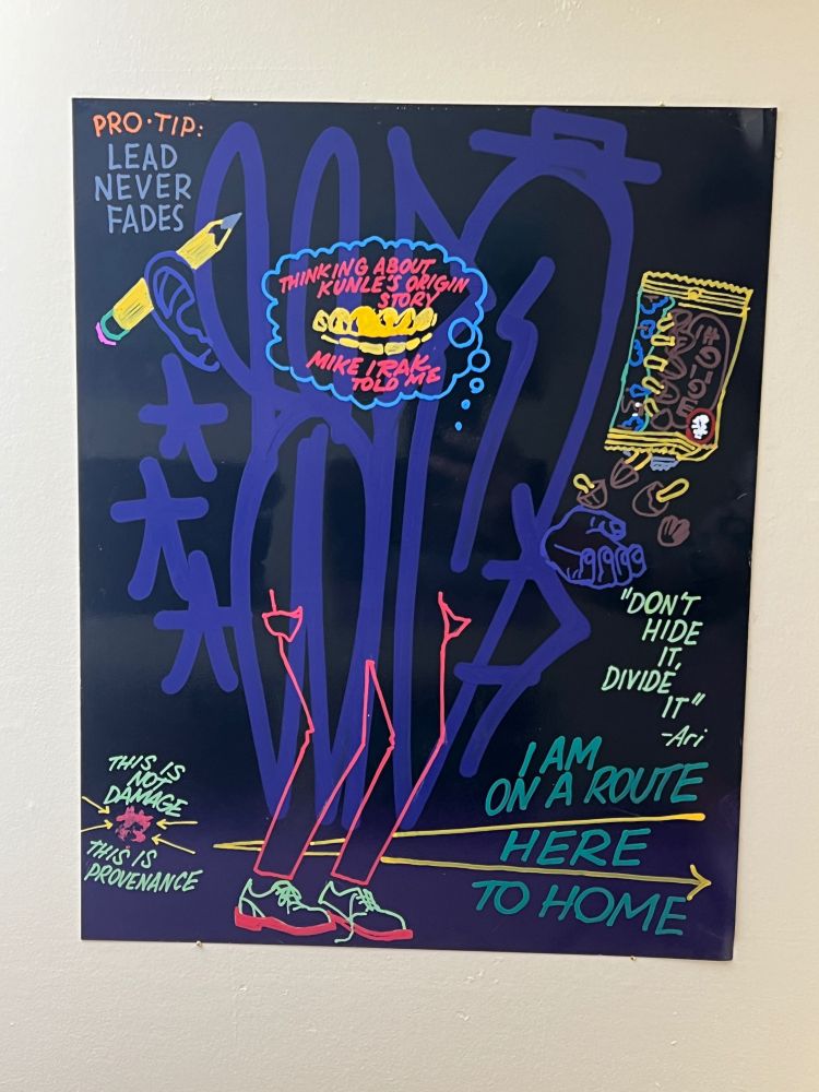 a philly handstyle in marker on aluminum, telling a story about who what and where I am in the world. 