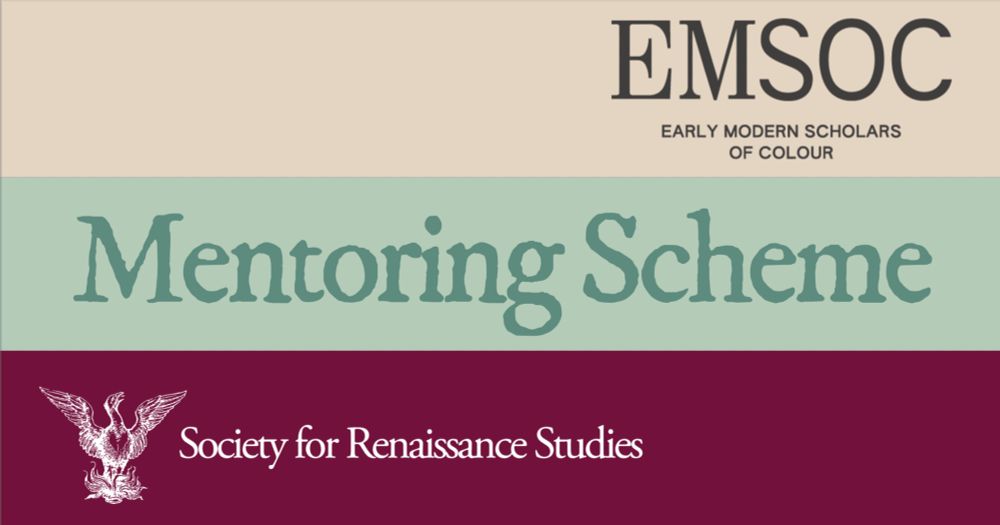 Early Modern Scholars of Colour mentoring scheme with the Society of Renaissance Studies. Graphic with plumb, mint green and off-white. 