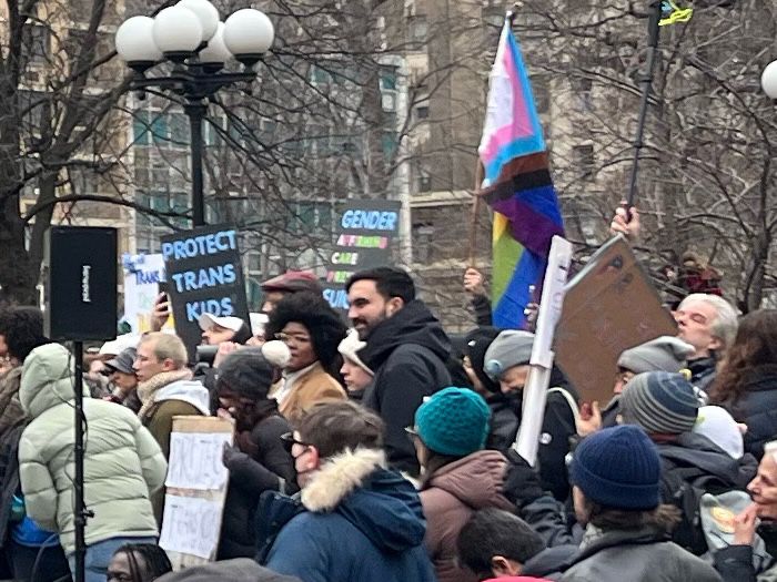 Zoomed and cropped photo of Zohran Mamdani attending the Rally for Trans Youth at Union Square on 2/8/2025