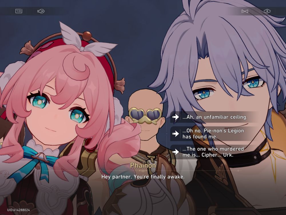 A screenshot from Honkai: Star Rail. Hyacine, Phainon, and an NPC are staring down at the viewer while Phainon says “Hey partner. You’re finally awake.” The dialogue options read: “…Ah, an unfamiliar ceiling.” “…Oh no. Pie-non’s Legion has found me.” “…The one who murdered me is… Cipher… Urk.”