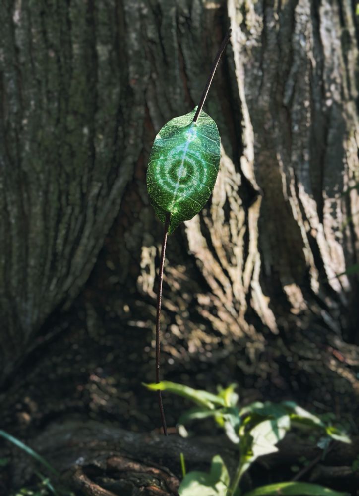 A sign made out of a leaf and a stick in the ground. The leaf has a single cryptic looking symbol that appears to be sun bleached on.