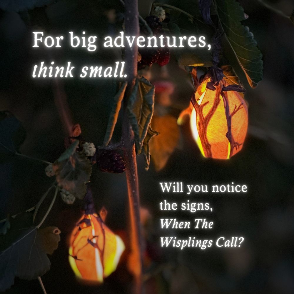Glowing orange pod-like lanterns hang from a mulberry tree branch in low light. Text reads: “For big adventures, think small. Will you notice the signs, When The Wisplings Call?”