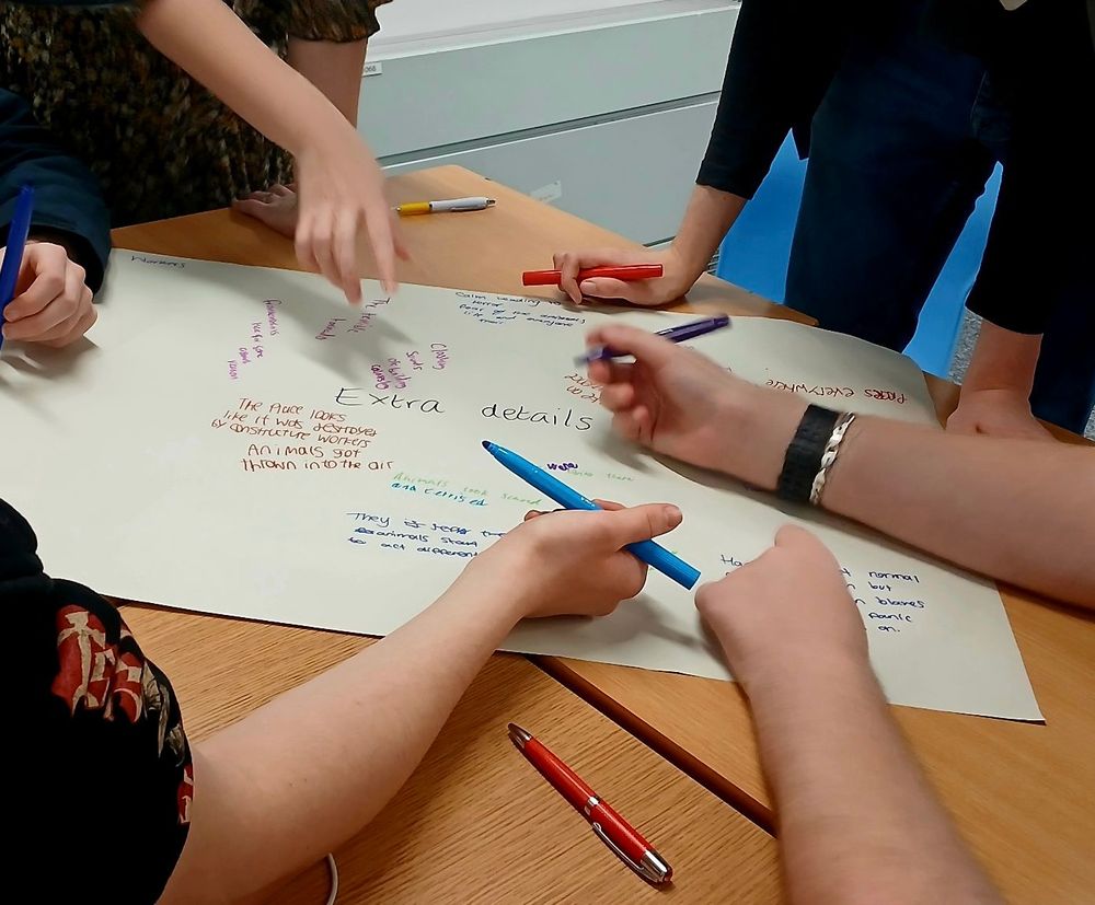 Image showing a big piece of paper with ‘extra details’ written in the middle. Around the page is various contributions in different coloured pens and with different highlighting.