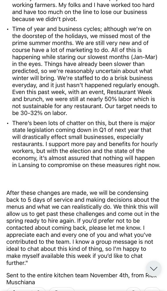 Message of a business owner laying off his employees. 