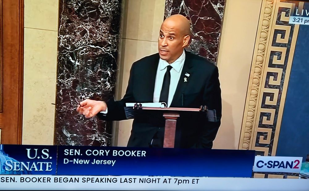 A screen shot of Senator Cory Booker's historic filibuster.