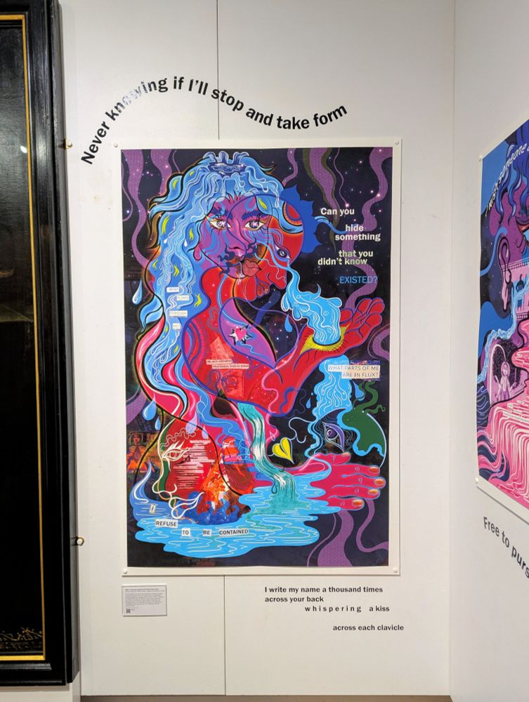 Digital collage print on a gallery wall. Several colourful silhouettes woven together by flowing water motifs and poetry.