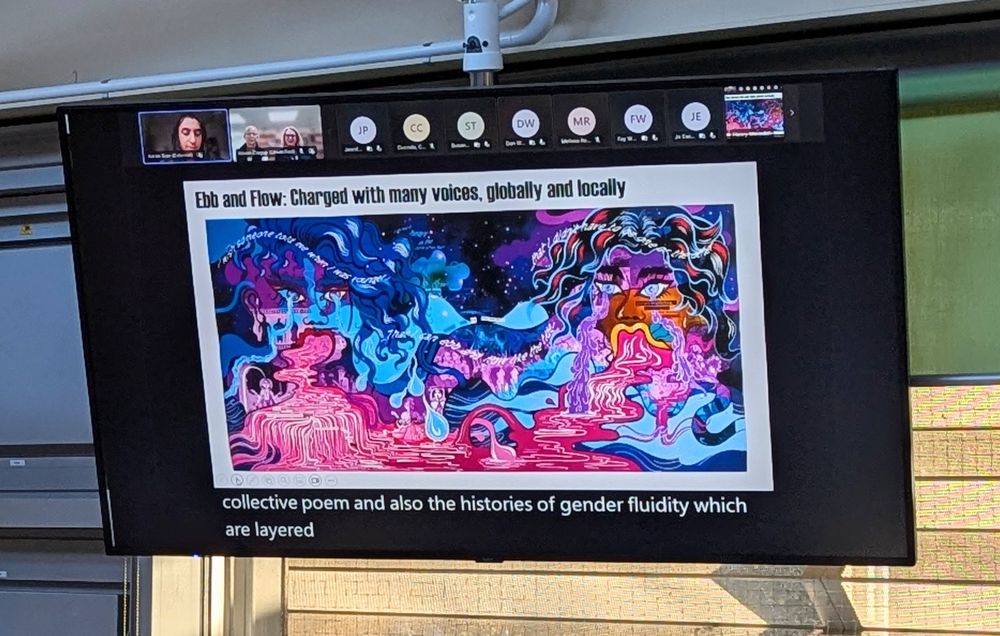 TV screen with a Teams call and a slide featuring artwork from the Villiers Revealed project