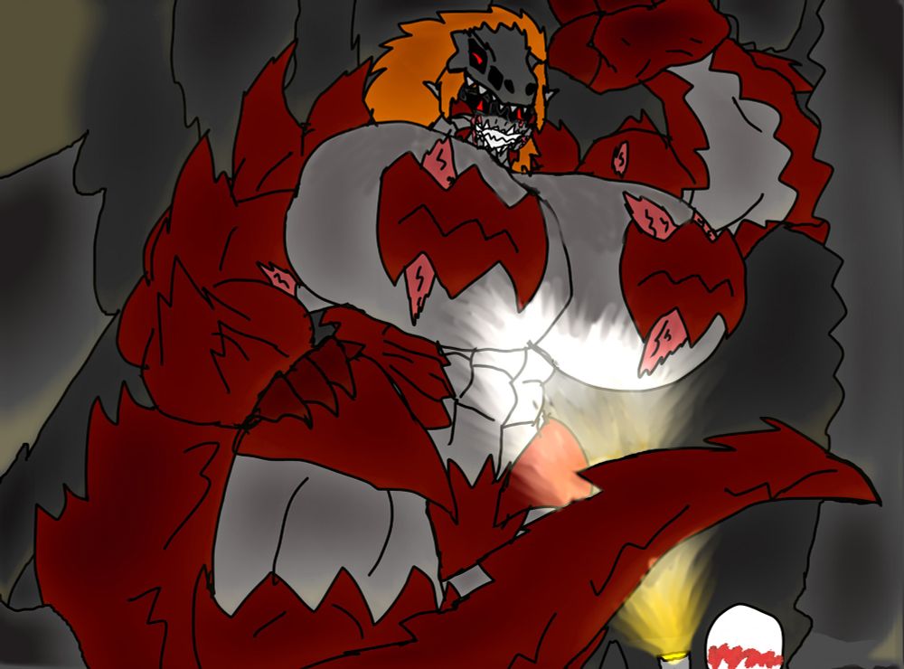 Kerakidon towering over an unfortunate victim who happened upon her in a cavern. She looms over him with malicious, lascivious intent as he signs a flashlight up at her.