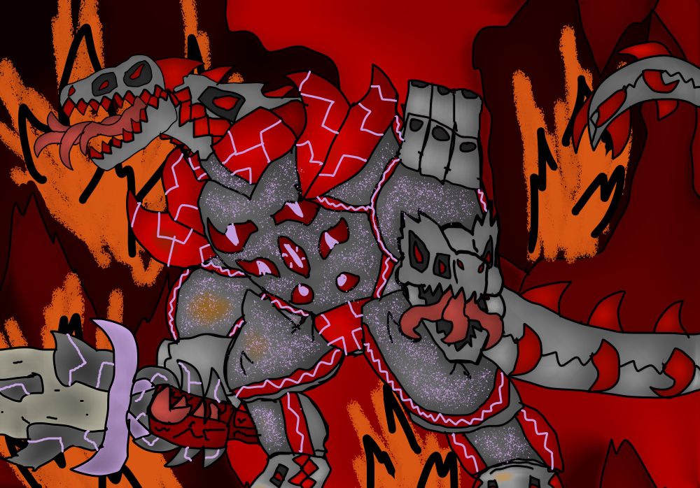 Masticator Rex, a demonic dinosaur comprised of skulls, fangs and tongues, dressed up in cybernetic battle gear and wielding a greatsword.