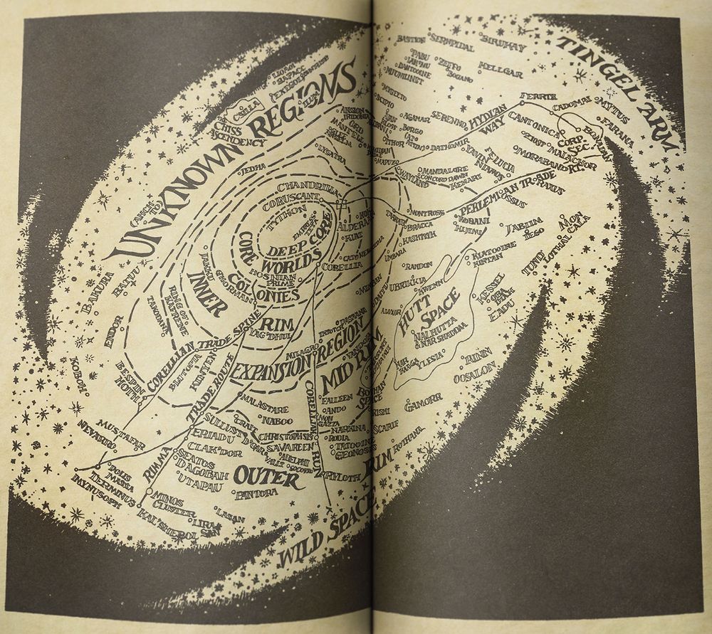 Star Wars map of the galaxy, photographed from the inside of a paperback book.