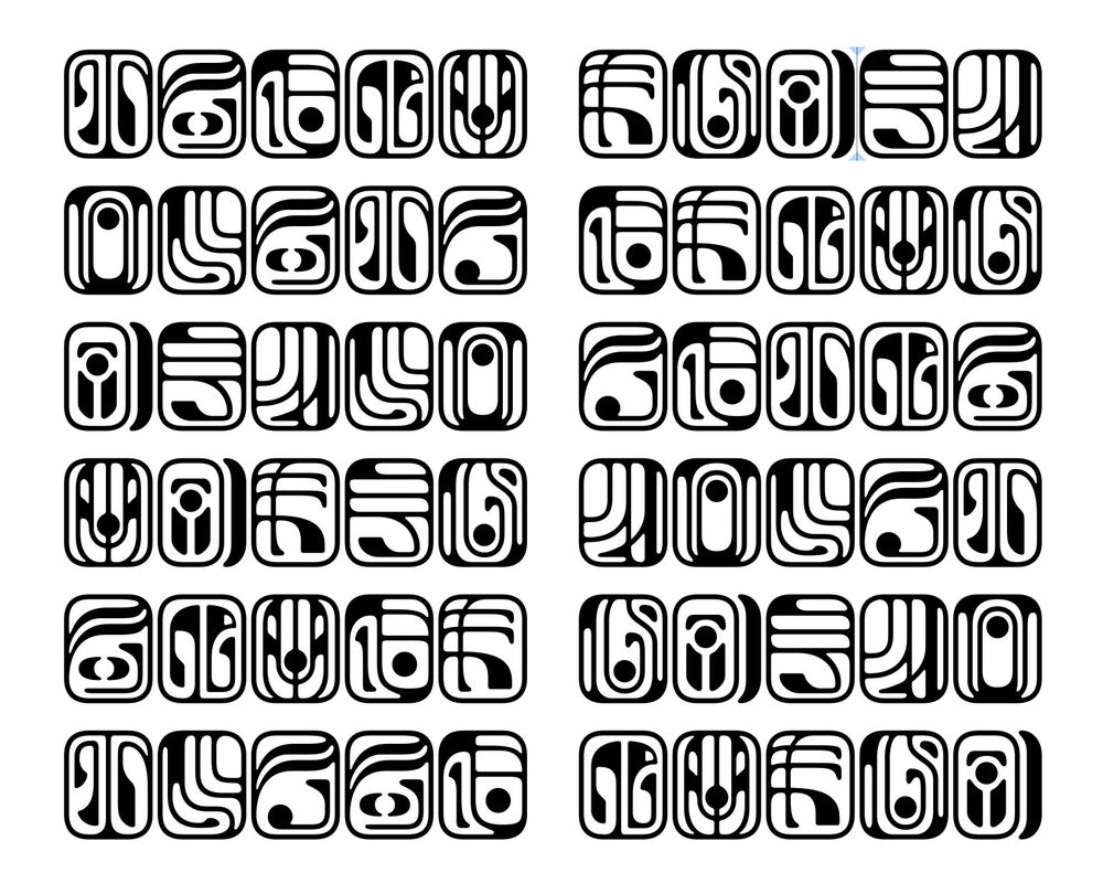 10 lines of five character strings of a Zeffo glyph font (featuring 13 glyphs).