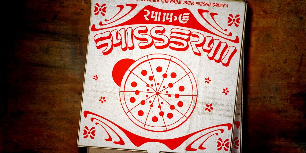 "RIC'S PIZZERIA" in printed on a stack of pizza boxes in Nabouveau Futhork.