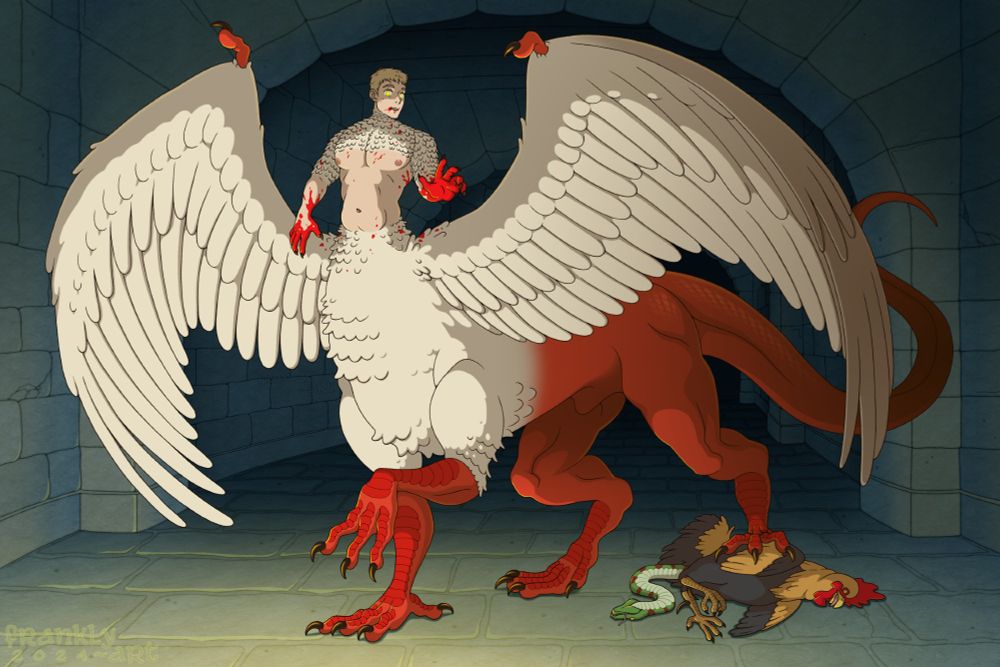 Laios Touden from Delicious in Dungeon if he had been the one made into a chimera (in this context, a creature resembling a centaur with the lower body of a red dragon, with feathers and wings around its foreshoulders). He holds a slain basilisk against the cold ground with his hind claws as he reaches toward the viewer as if to hunt them next.