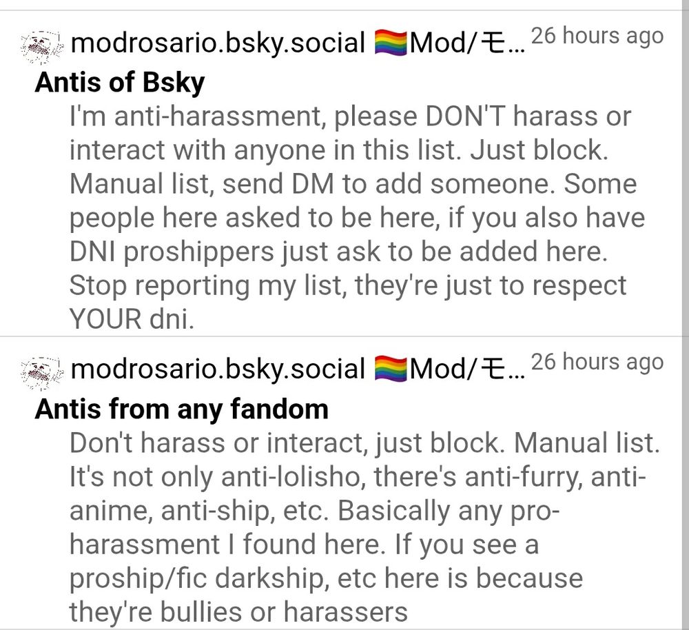 A screenshot of a couple of block lists someone randomly added me to that list "anti-lolisho" as if it that were somehow "bad."

Like weird way to admit you're a pedophile, guy.
