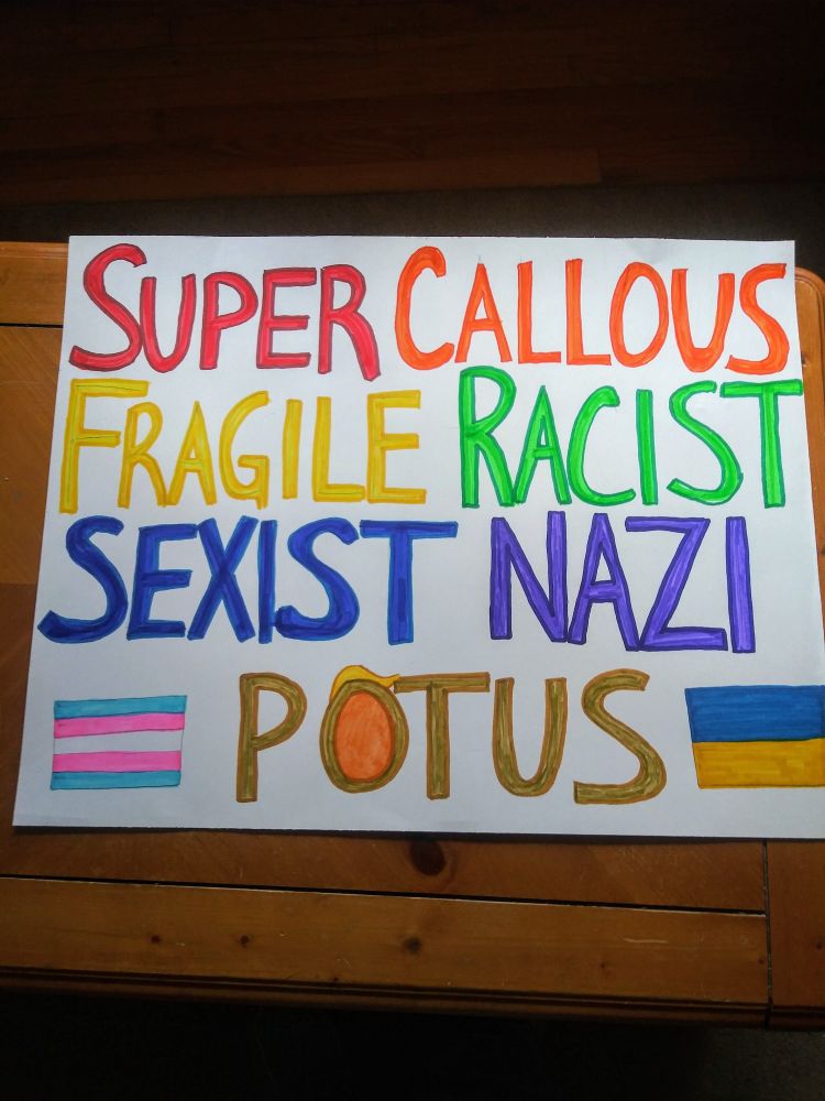 My sign says "super callous fragile racist sexist Nazi POTUS" in rainbow colors with a trans flag and a Ukrainian flag on either side of POTUS