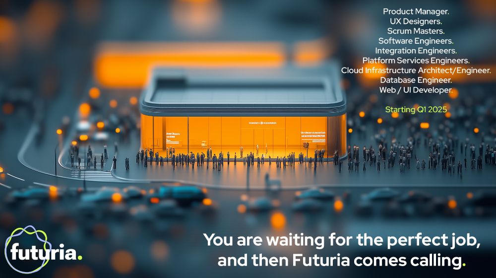 Image of lots of people queueing outside a futuristic building, looking for technical jobs