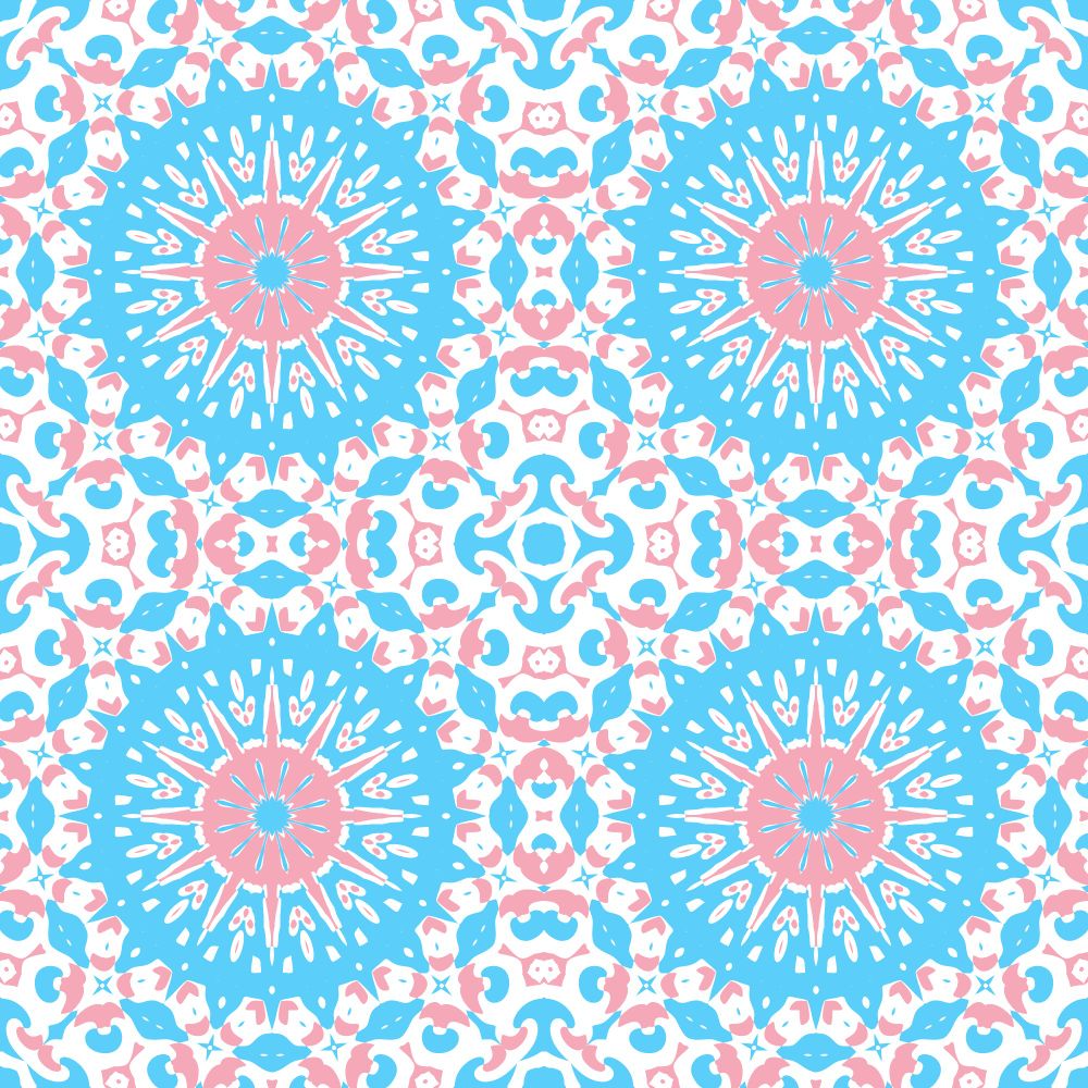 ornate abstract seamless mandala pattern, blue, pink, and white, based on the Transgender Pride flag. Public domain, free for commercial or personal use, no credit necessary