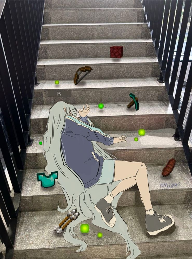 meme redraw of a girl pretending to be knocked out on stairs with minecraft xp and items surrounding her. the girl is redrawn as kanade yoisaki.