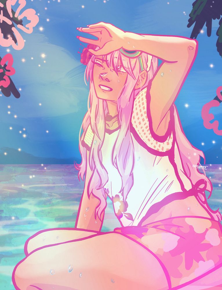 fanart of mizuki akiyama wearing a summer beach barbie outfit, specifically a 2005 cali girl christie doll. she has a pink and white swim top with a hibiscus flower on it and floral patterned swim shorts, sitting on a surfboard in the water, smiling brightly as she shields her eyes from the sun. the sky is bright blue and there are trees.