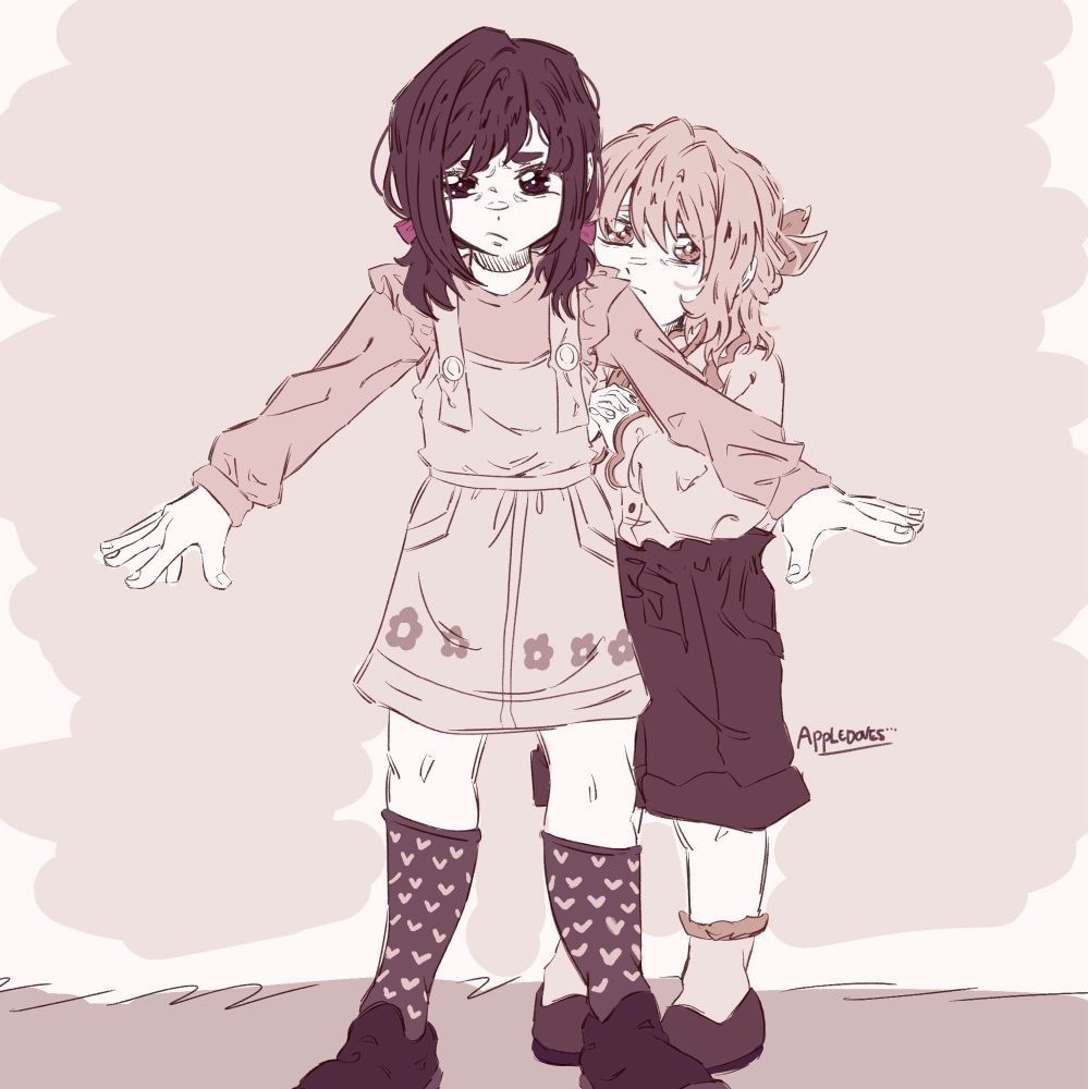 digital sketch of ena shinonome and mizuki akiyama as little kids. ena stands in front of mizuki, her hands out to protect her with an angry look on her face while mizuki hides behind her looking sad. she has a ribbon at the back of her hair.