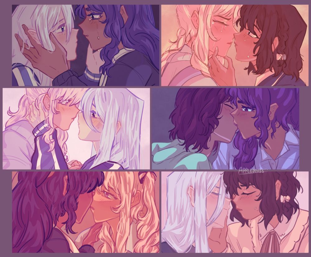 a collage of six pieces of ship fanart, each featuring every in-unit nightcord ship. each one features each pairing about to kiss, going from kanade and mafuyu, in a dark environment meant to represent kanade’s room after mafuyu ran away, thus, she is crying slightly, but calm as she holds kanade’s face and kanade wipes her tears.

next is mizuki and ena, set around directly after ena5, with both still tearful but not sad and in the same sunset lighting, mizuki shutting her eyes tightly while ena smiles. 

next is mizuki and kanade, within the sekai meant to be sometime after ena5. kanade is holding her hand and brushing some of mizuki’s hair out of her face. 

next is mafuyu and ena, also in a dark setting meant to be ena’s room based off of ena3, with ena in the same green shirt. ena is leaning forward quickly with her eyes shut while mafuyu sits still waiting. 

next is mizuki and mafuyu, outside in sunset lighting in their school uniforms. mafuyu’s face can’t be seen and she has her hand on mizuki’s shoulder, mizuki looking at her nervously. lighting is based on mizu4.

last is kanade and ena, in the sekai again and based off ena’s kana5 card with the same outfit. both have their eyes shut tight and ena is sweating nervously as she holds kanade’s face.