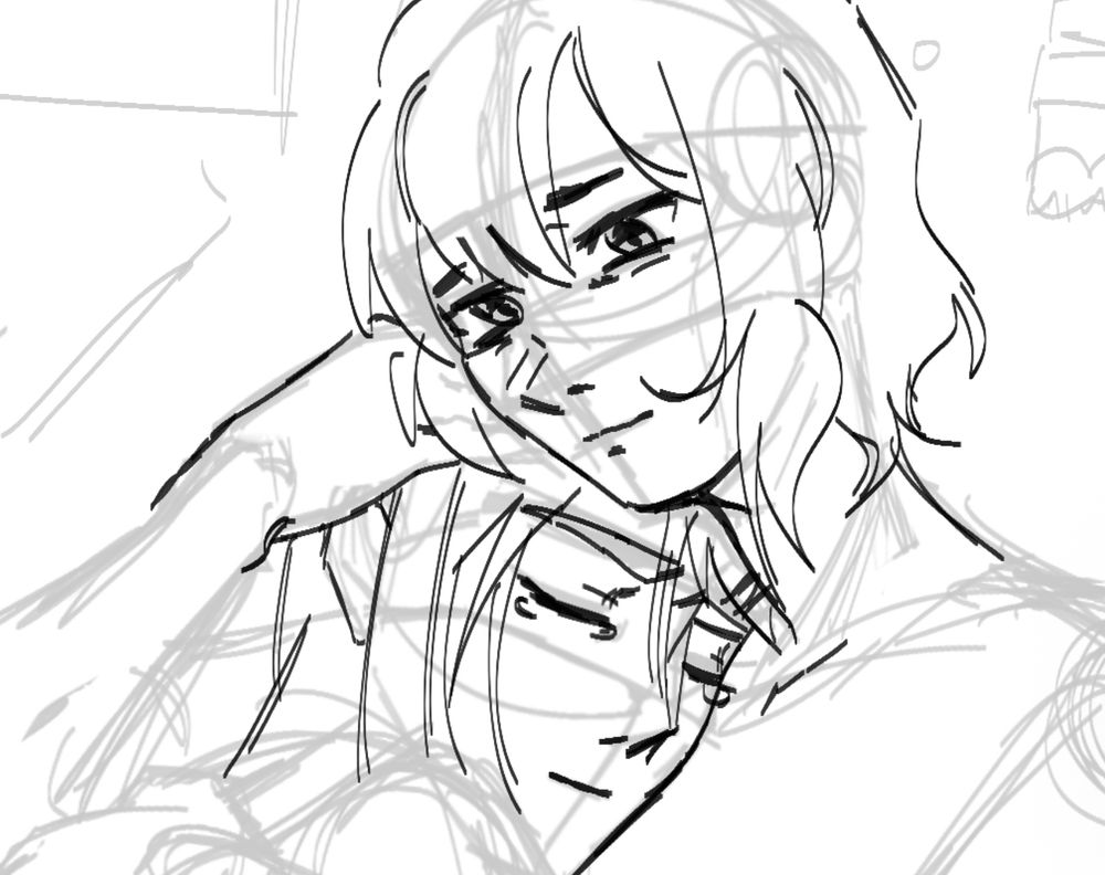 wip rough sketch of kanade and ena cuddling, kanade has tears in her eyes but is smiling and ena is craddling her head close and smiling at her