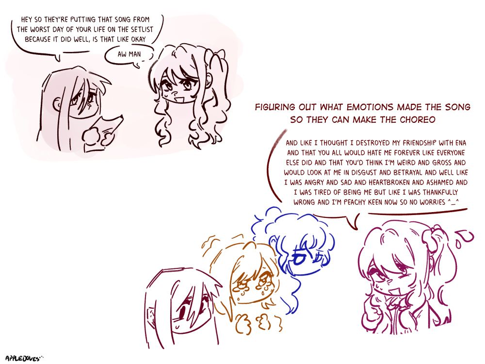 chibi silly doodles of nightcord at 25:00 with them planning the connect live dreamscape performance of bake no hana. in the top corner kanade holds a sheet of paper and worriedly says "hey so they're putting that song from the worst day of your life on the setlist because it did well, is that like okay" and mizuki, smiling, says "aw man". in the other corner, captioned "figuring out what emotions made the song so they can make the choreo", mizuki is smiling nervously as she explains while kanade looks guilty, ena is shaking and tearing up with exaggerated tears, and mafuyu looks bummed out. mizuki says "and like, i thought i destroyed my friendship with ena and that you all would hate me forever like everyone else did, and that you'd think i’m weird and gross and would look at me in disgust and betrayal, and well, like, i was angry and sad and heartbroken and ashamed and i was tired of being me, but like, i was thankfully wrong and i’m peachy keen now so no worries”