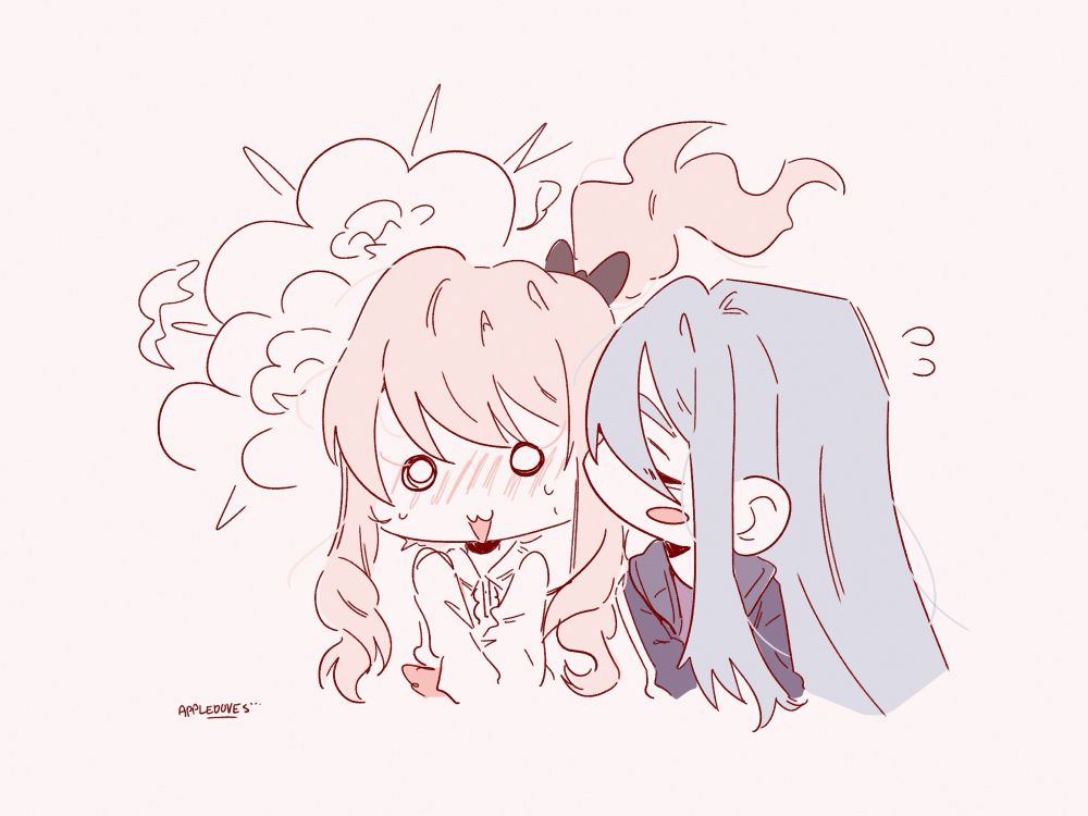 chibi doodle of kanade yoisaki giving mizuki akiyama a kiss on the cheek. mizuki is surprised at the kiss, blushing and with a cartoon explosion behind her.